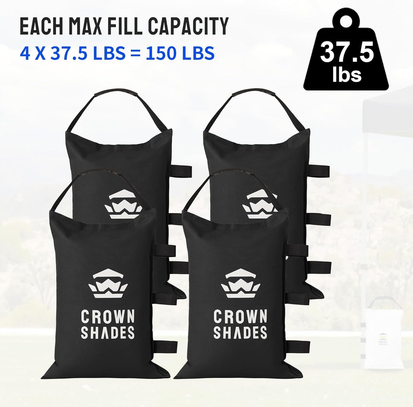 CROWN SHADES Sand Bags for Canopy Legs (150 LBS) Sandbags for Weight, Canopy Weights, Pop Up Tent Weights Bags, Black (Unfilled)