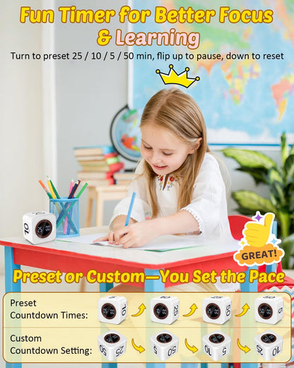 Digital Pomodoro Timer Cube 5/10/25/50min, Visual Productivity Flip Timer for Kids Classroom Desk, Custom Countdown, Silent and Sound Mode for ADHD Study Work Game Kitchen (Black)