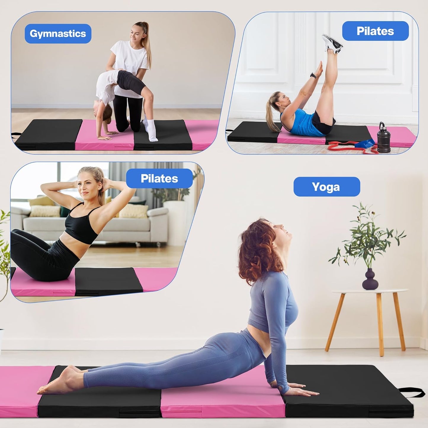 Outdoor Basic 6'x3'x2'' Gymnastics Mats Portable 4-Fold Tumbling Mat Thick Yoga Mat with PU Leather & Carry Handle for Home Workout, Yoga, MMA Core Training, Pilates
