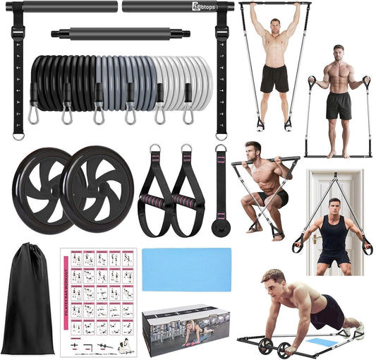 BBTOPS Pilates Bar Kit with Resistance Bands,Ab Roller,2 in 1 Foot Strap & Handle,Door Anchor Pilates Equipment with Resistance Bands, Portable Home Gym Yoga Fitness Bar for Women & Men