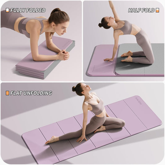 PAIDU Foldable Fitness Yoga Mat | 2/5" (10MM) Extra Thick | SGS Certified Non-Slip TPE | 76x26" Extra Long-Wide | Portable & Easy Store | for Yoga, Pilates, Home Gym & Full-Body Workouts(purple+grey)