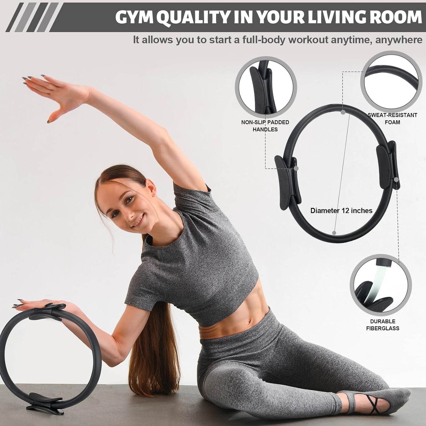 RoundFunny Pilates Ring Circle Set 18 Pcs Exercise Equipment Accessories for Women Workouts Pilates Ball Stretching Strap Magic Circle Yoga Ring Gym Back Bag Resistance Band Anti Slip Socks