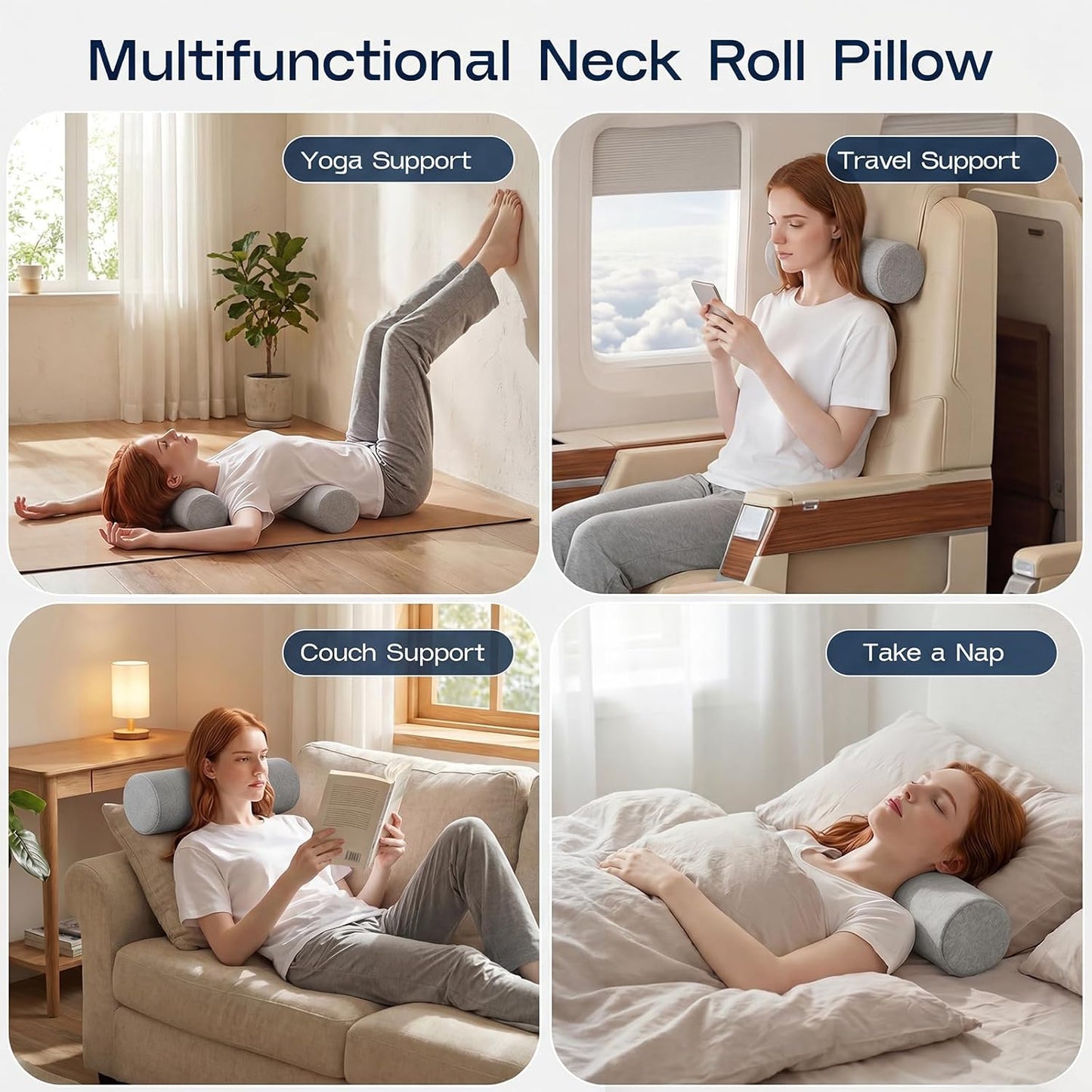 Neck Roll Pillow, Memory Foam Neck Support Pillows, Round Neck Pillows, Cylinder Bolster Pillows for Bed, Couch, and Yoga, Removable Washable Cover,18 * 4.1 * 4.1inch (Cool-Blue)