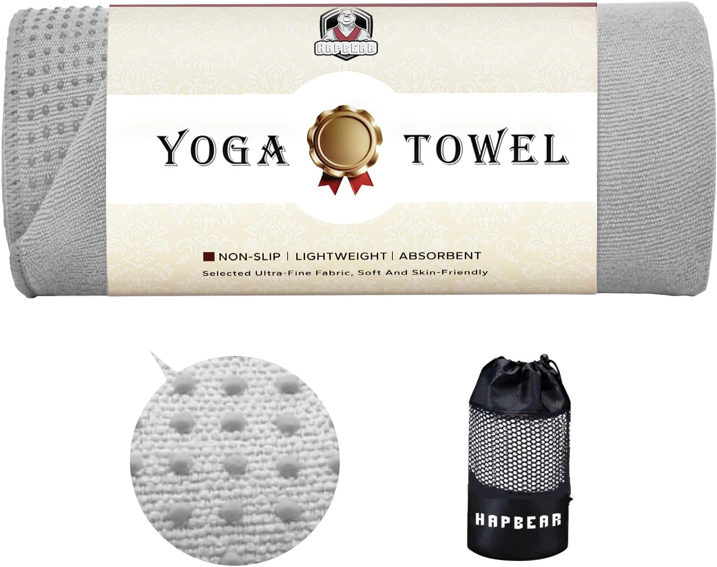 HAPBEAR Hot Yoga Towel with Non-Slip Grip Dots, Super-Absorbent Microfiber Yoga Mat Towel for Sweaty Bikram, Pilates and Studio Workouts - Grey