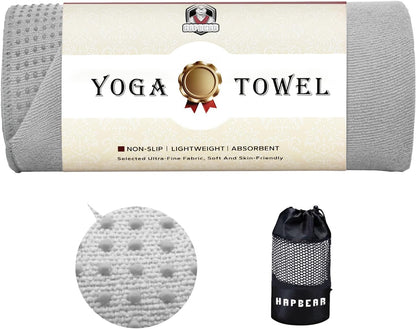 HAPBEAR Hot Yoga Towel with Non-Slip Grip Dots, Super-Absorbent Microfiber Yoga Mat Towel for Sweaty Bikram, Pilates and Studio Workouts - Grey