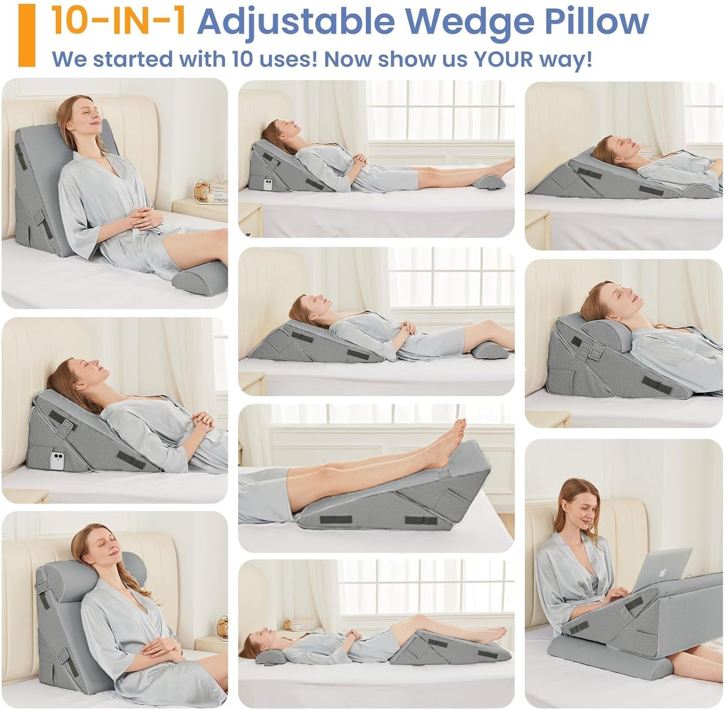 Sasttie Wedge Pillow Set for After Surgery, 2PCS Adjustable Bed Wedge Pillow Headboard with Memory Foam Neck Cushion – for Acid Reflux, Sleeping, Neck & Back Support, Dark Grey
