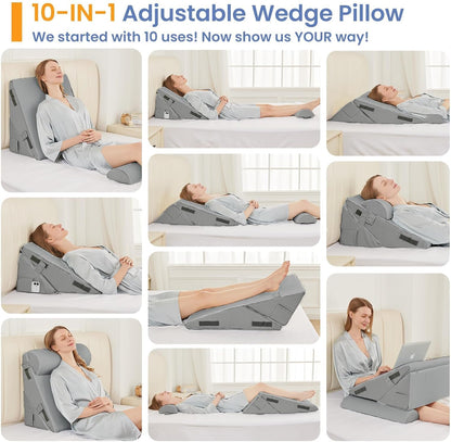 Sasttie Wedge Pillow Set for After Surgery, 2PCS Adjustable Bed Wedge Pillow Headboard with Memory Foam Neck Cushion – for Acid Reflux, Sleeping, Neck & Back Support, Dark Grey