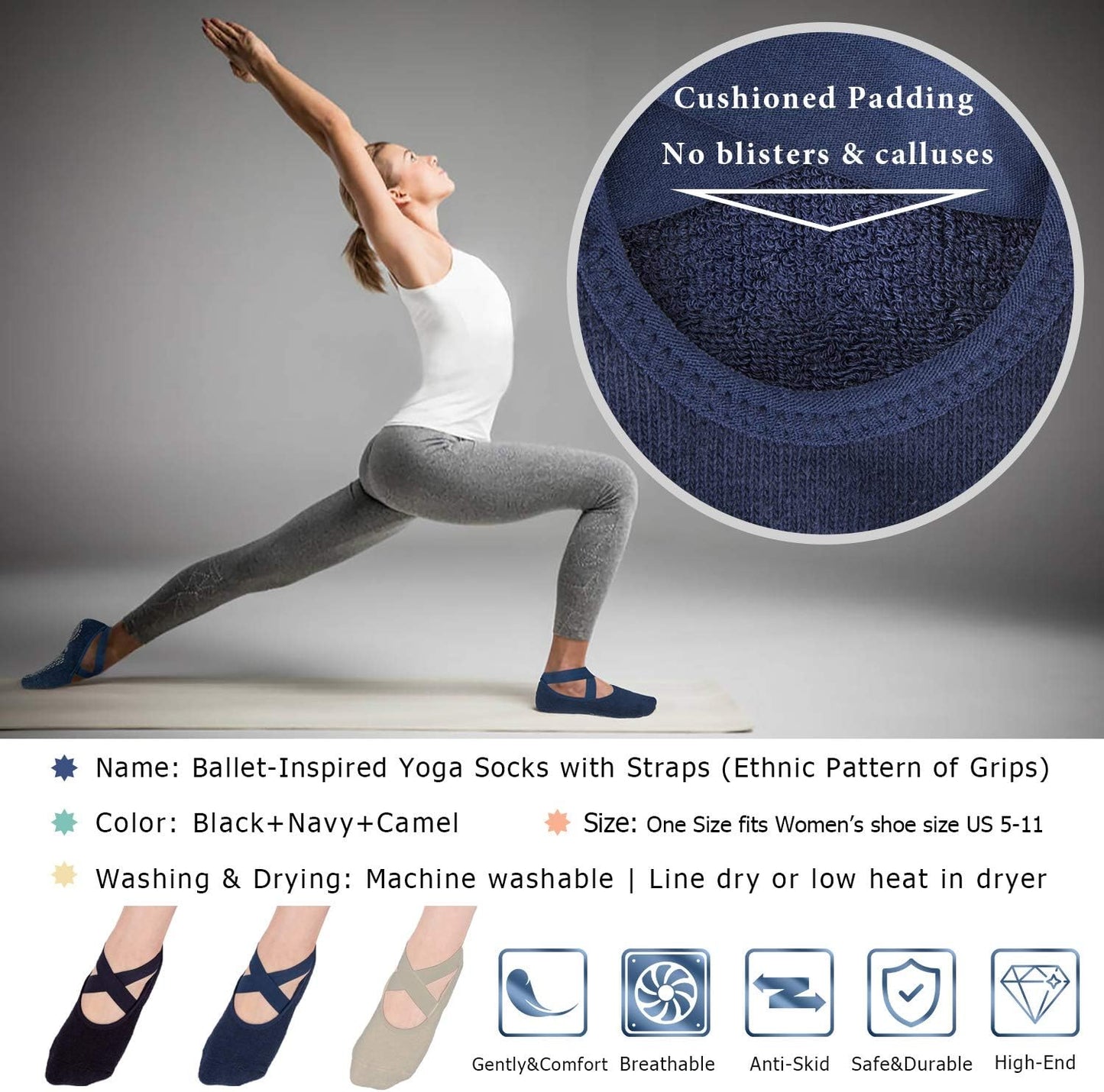 Ozaiic Pilates Socks for Women Non Slip Grip, Yoga Socks with Grippers for Barre, Hospital, Ballet, Dance, Barefoot Workout