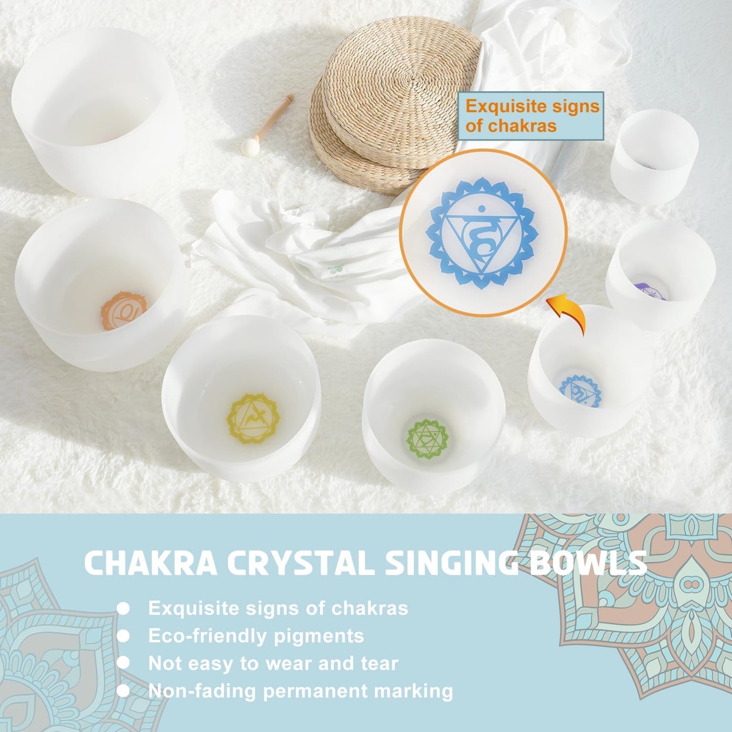 CVNC 432Hz 7-12 Inch Crystal Singing Bowl Set of 7 with 2 Pcs Carrying Case Bag, Frosted Quartz Crystal Sound Bowls for Chakra, Sound Therapy, Meditation Energy