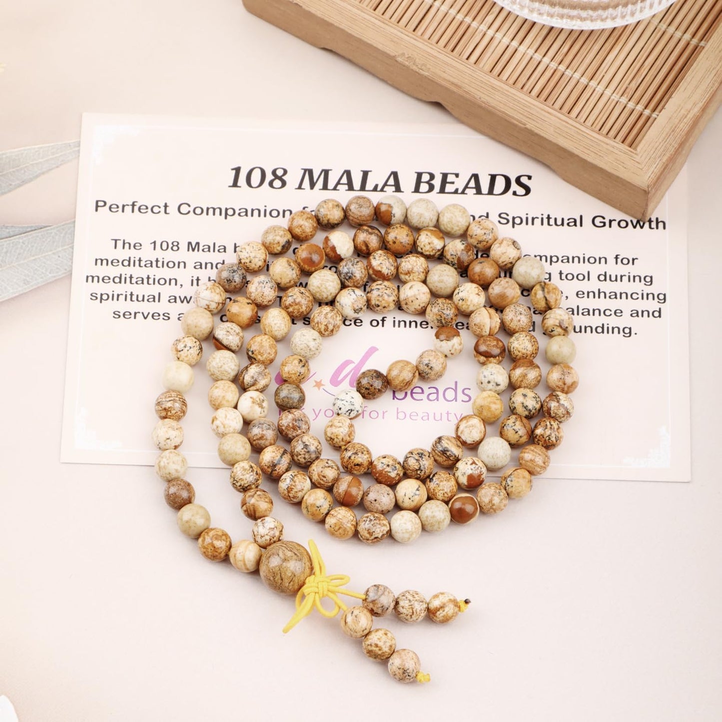AD Beads 6mm 8mm 108 Prayer Mala Jasper Elastic Bracelet - Handmade Yoga Meditation Healing Power Energy Gifts for Unisex Adult.