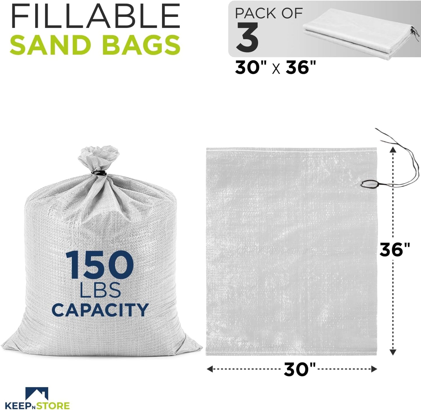 Heavy Duty Sand Bags Pack of 3, White Empty Sandbags with Built-In Ties, Woven Polypropylene UV Protection 1600 Hours, Fillable Sand Bags for Flood Control, Weight, 10x14 inches, 15 Pounds Volume