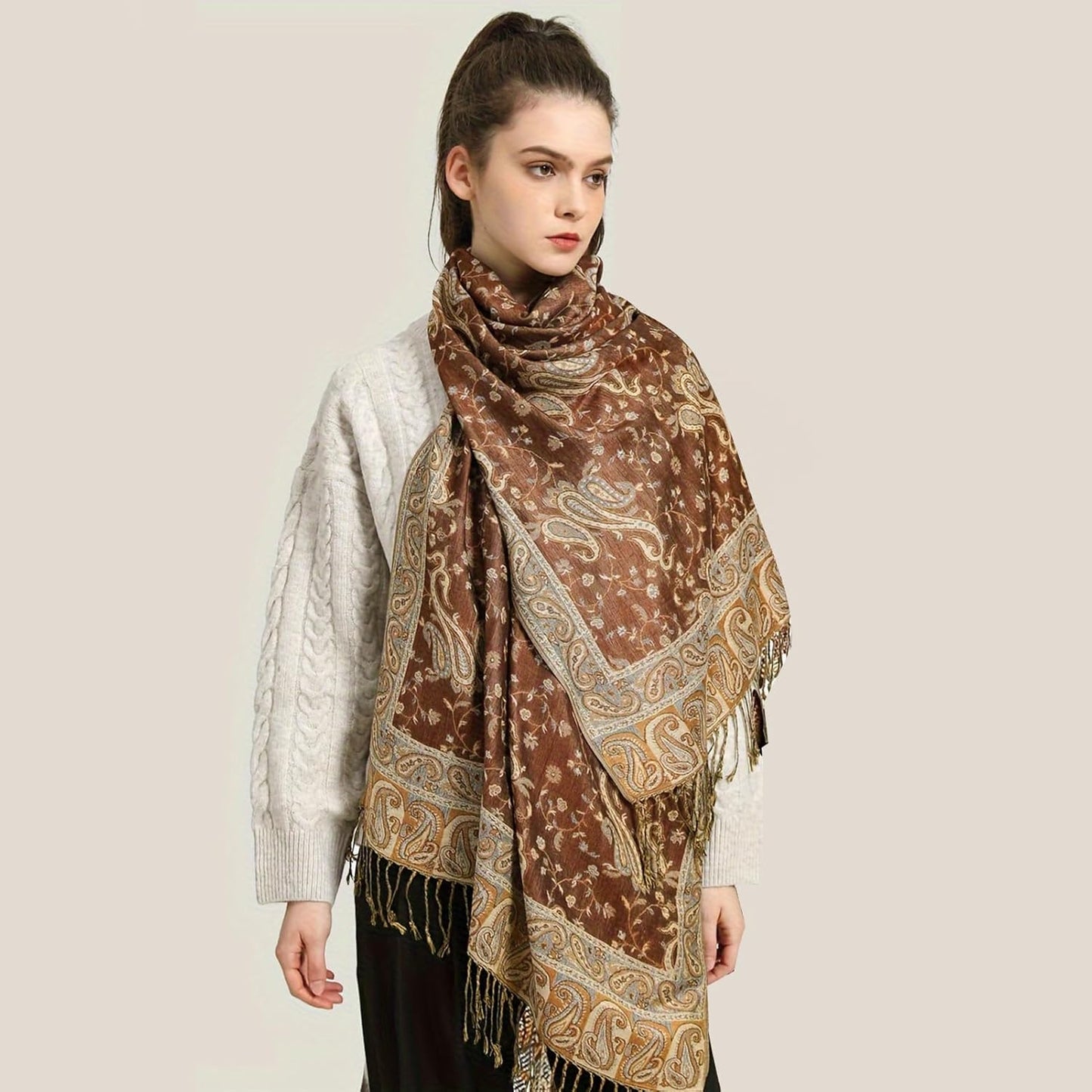 Ciormis Two Tone Silky Paisley Pashmina Shawl Scarf,Soft Women's Rave Jacquard Pashminas Wrap Scarves