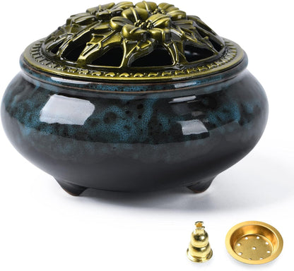 Ceramic Incense Burner with Incense Holder+ Fireproof Cotton,Handmade Smudging Burn Bowl for Stick or Coil Incense,Sage Cones,Frankincense and Mosquito Incense (Enamel)