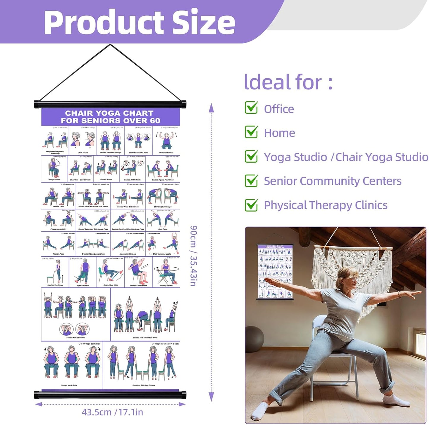 GiftNest Chair Yoga Wall Chart – 31 Poses for Seniors & Beginners – Fabric Poster with Hanging Rod & Rope – Durable, Foldable, and Easy to Display in Home or Office – Stretching & Mobility Guide