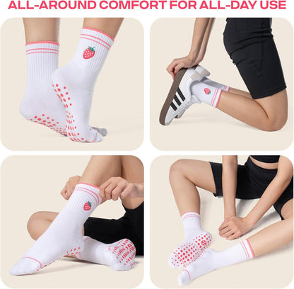 COOLMATE Pilates Socks with Grips for Women, Yoga Socks, Crew Non Slip Women for Barre, Pilates Gifts for Women - Colors B