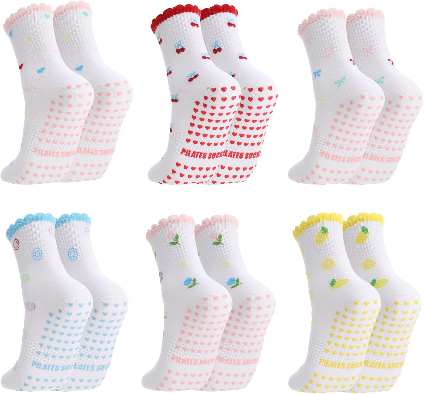 6 Pairs Women‘s Cute Pilates Socks with Grips - Non Slip Ruffle Yoga Sock, Breathable Cotton Grippy Crew Socks for Barre, Ballet, Yoga & Home Workouts