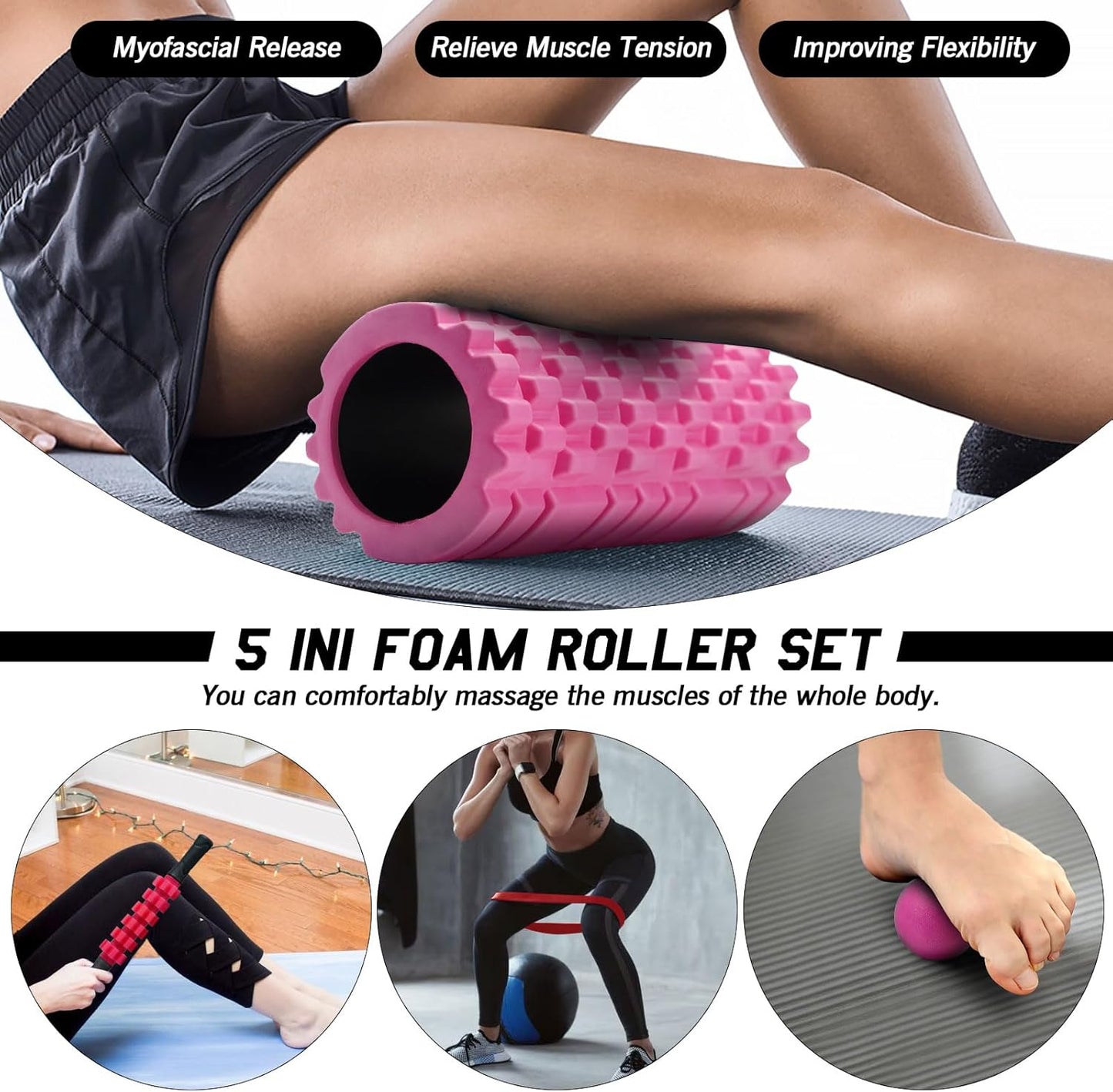 JOYENERGY 5 in 1 Foam Roller Set High Density Foam Roller Patented, Massage Stick, Massage Ball, Resistance Band for Deep Muscle Massage Pilates Yoga, Fitness for Trigger Point Release