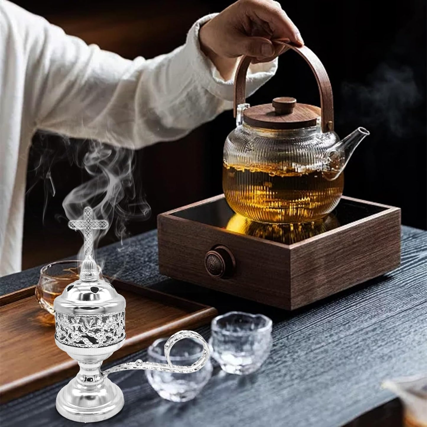 Gold Incense Burner with Tong – Frankincense Charcoal Incense Stand Aromatherapy, Yoga, Spa, Home Decor, and Church Use – Compact & Durable Bakhoor Holder