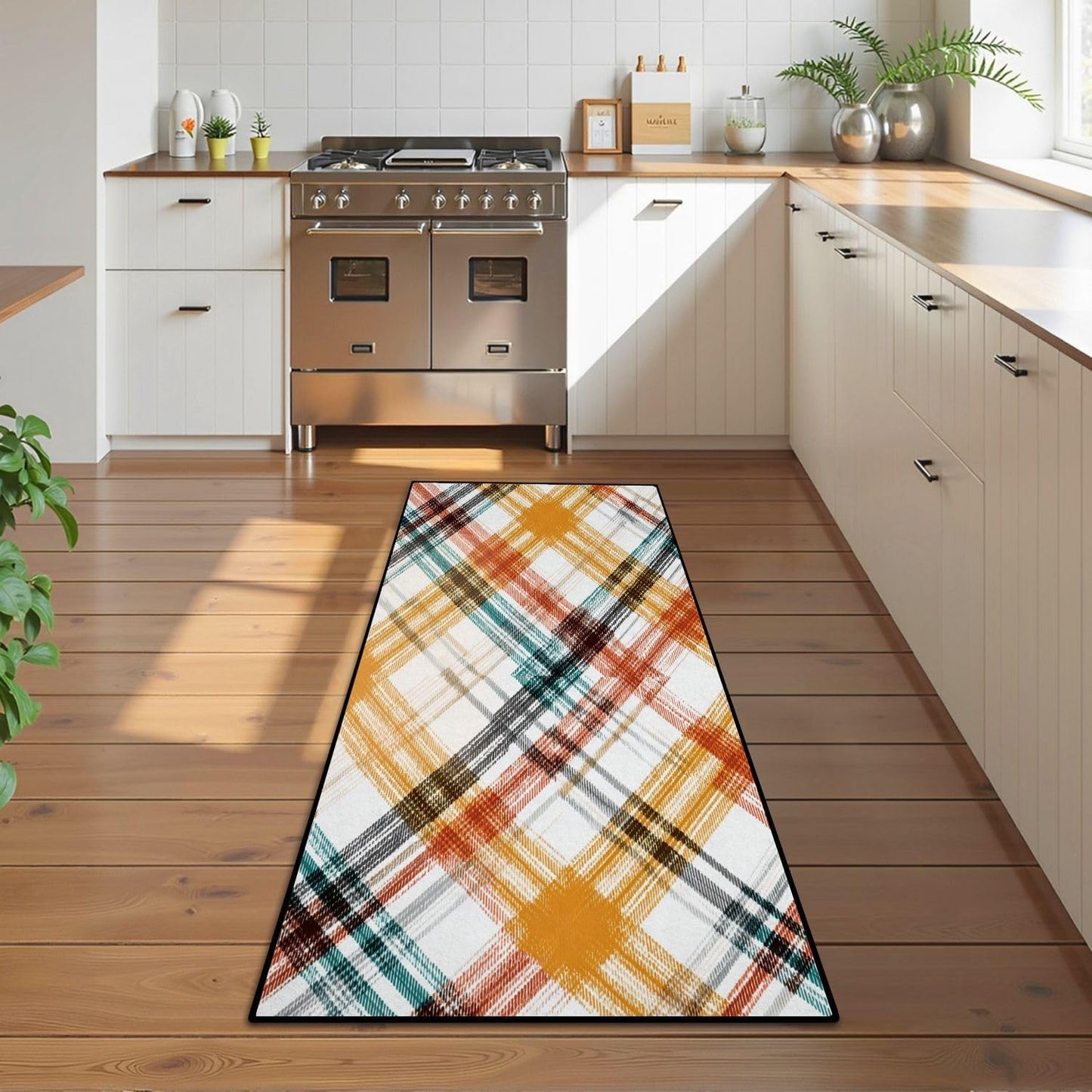 Runner Rug Washable 2x6 White Navy Blue Green Tartan Plaid Scottish Texture from Tartan Plaid Non-Slip Hallway Area Rug Indoor Outdoor Home Decor for Entryway Bathroom Kitchen Carpet Yoga Floor Mat