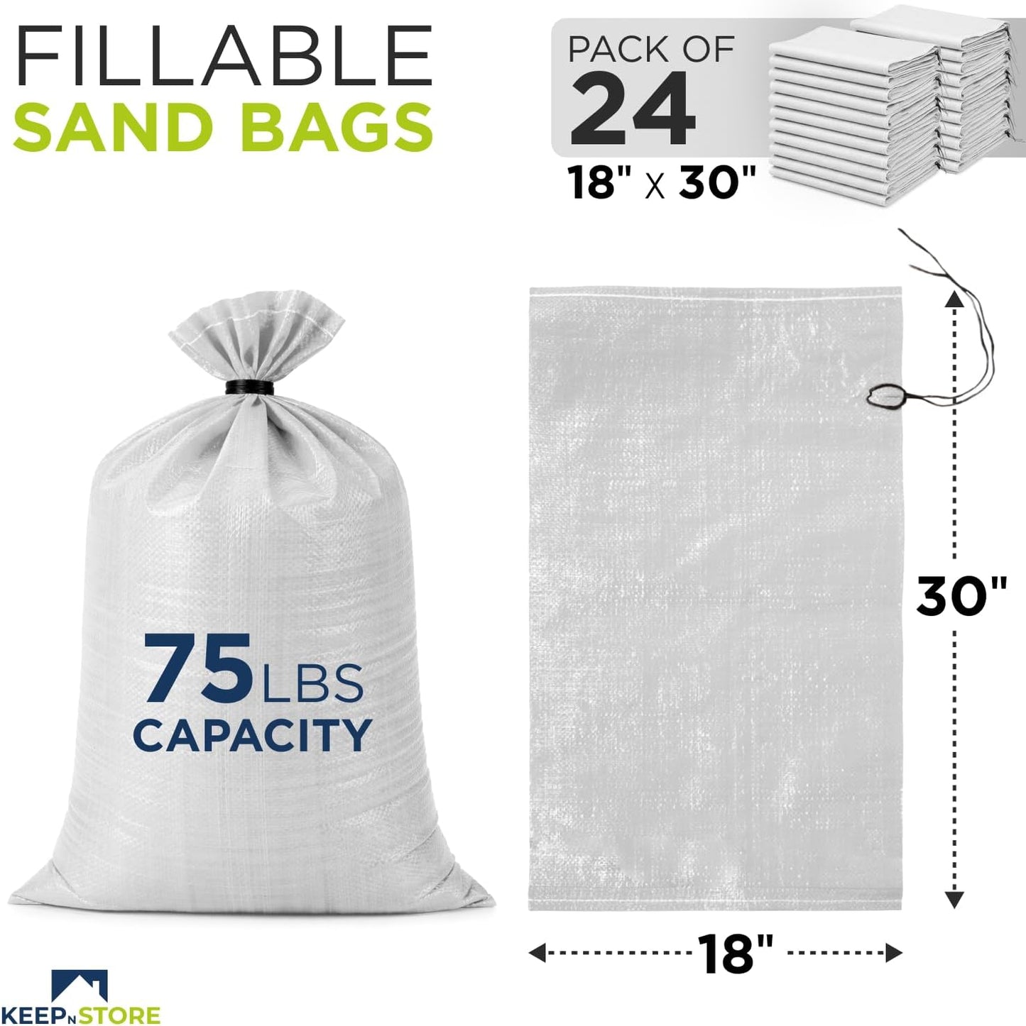 Heavy Duty Sand Bags Pack of 3, White Empty Sandbags with Built-In Ties, Woven Polypropylene UV Protection 1600 Hours, Fillable Sand Bags for Flood Control, Weight, 10x14 inches, 15 Pounds Volume
