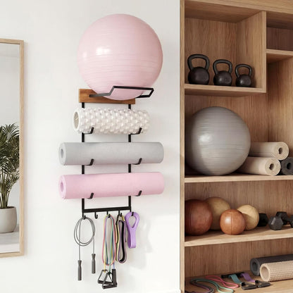 Geelin Yoga Mat and Ball Holder Wall Mount, 4-Tier Yoga Mat & Ball Storage Rack, Home Gym Organizer, Black Metal Floating Shelf for Hanging Foam Rollers & Resistance Bands(5 Hooks Style,Wood Color)