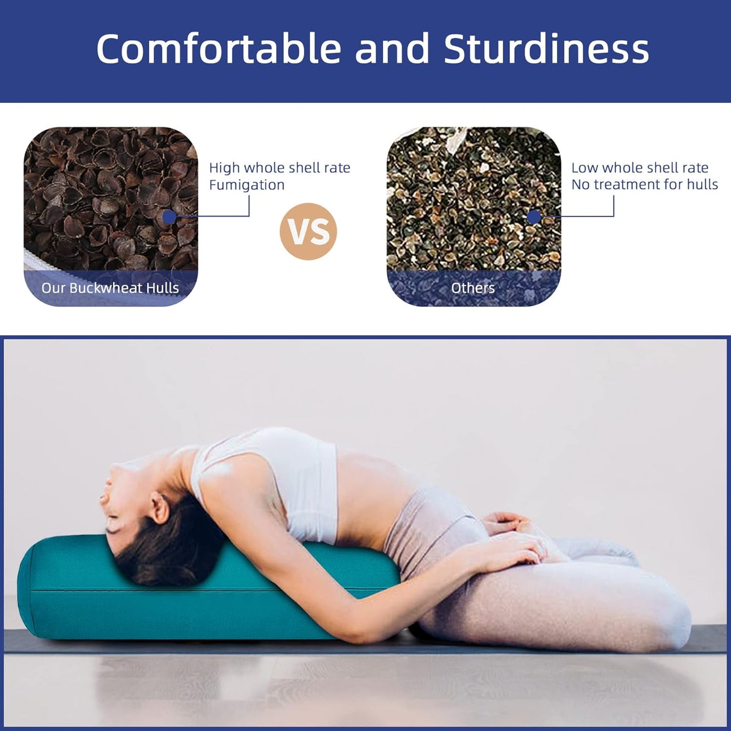 Organic Buckwheat Bolster (24x9 in) Supportive Yoga Cushion for Restorative Yoga Accessories, Meditation, Reading, Floor Pillow - Large Round Cylinder (Black)