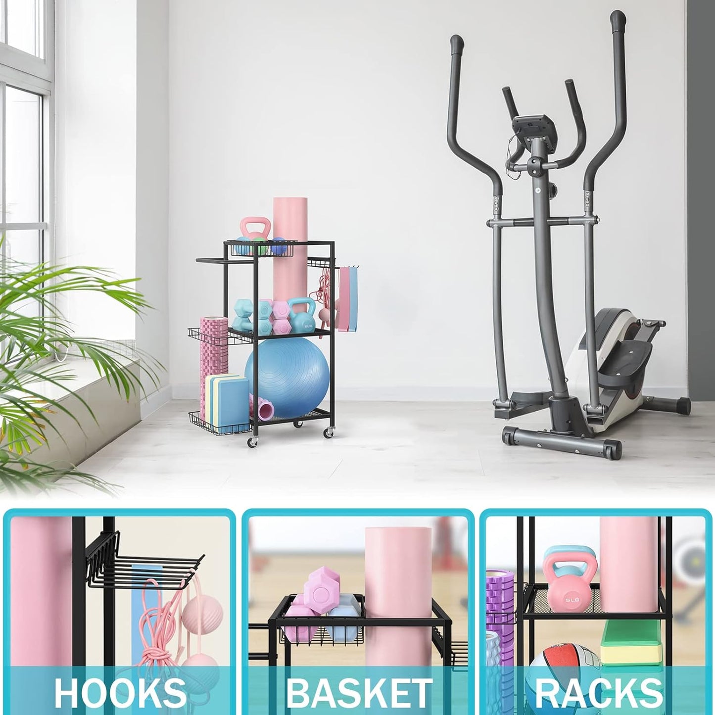 LIANTRAL Yoga Mat Storage Rack - Metal Gym Organizer for Yoga Mats, Foam Rollers & Fitness Equipment, Space Saving Workout Equipment Storage Rack for Home Exercise and Fitness Gear
