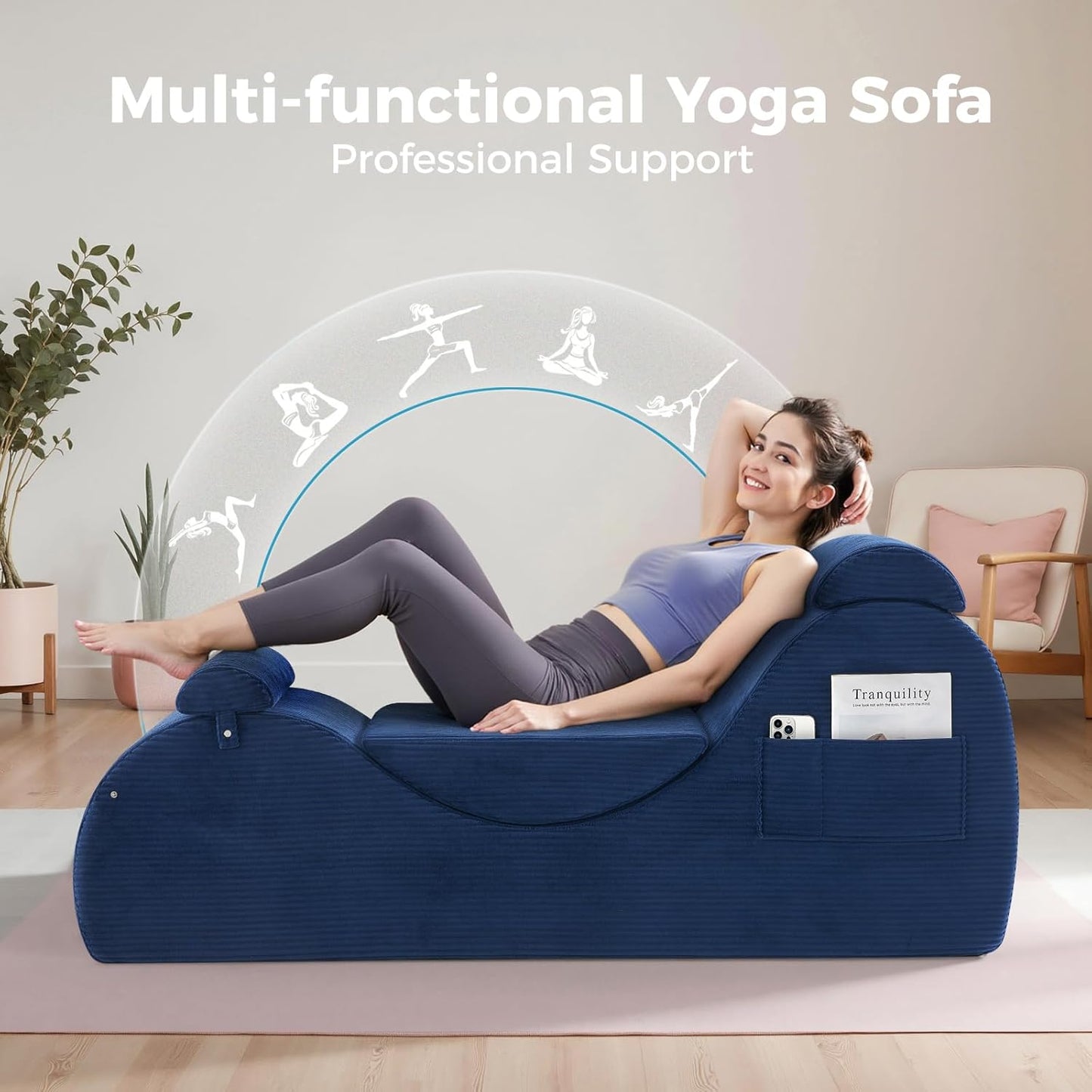 Yoga Chairs for Adults, Ergonomic Chaise Lounge Chair Indoor with Side Pocket, Lumbar Pillow, Ottoman, Yoga Chair Perfect for Stretching, Relaxation, Exercise, Used in Bedroom, Living Room（Grey）