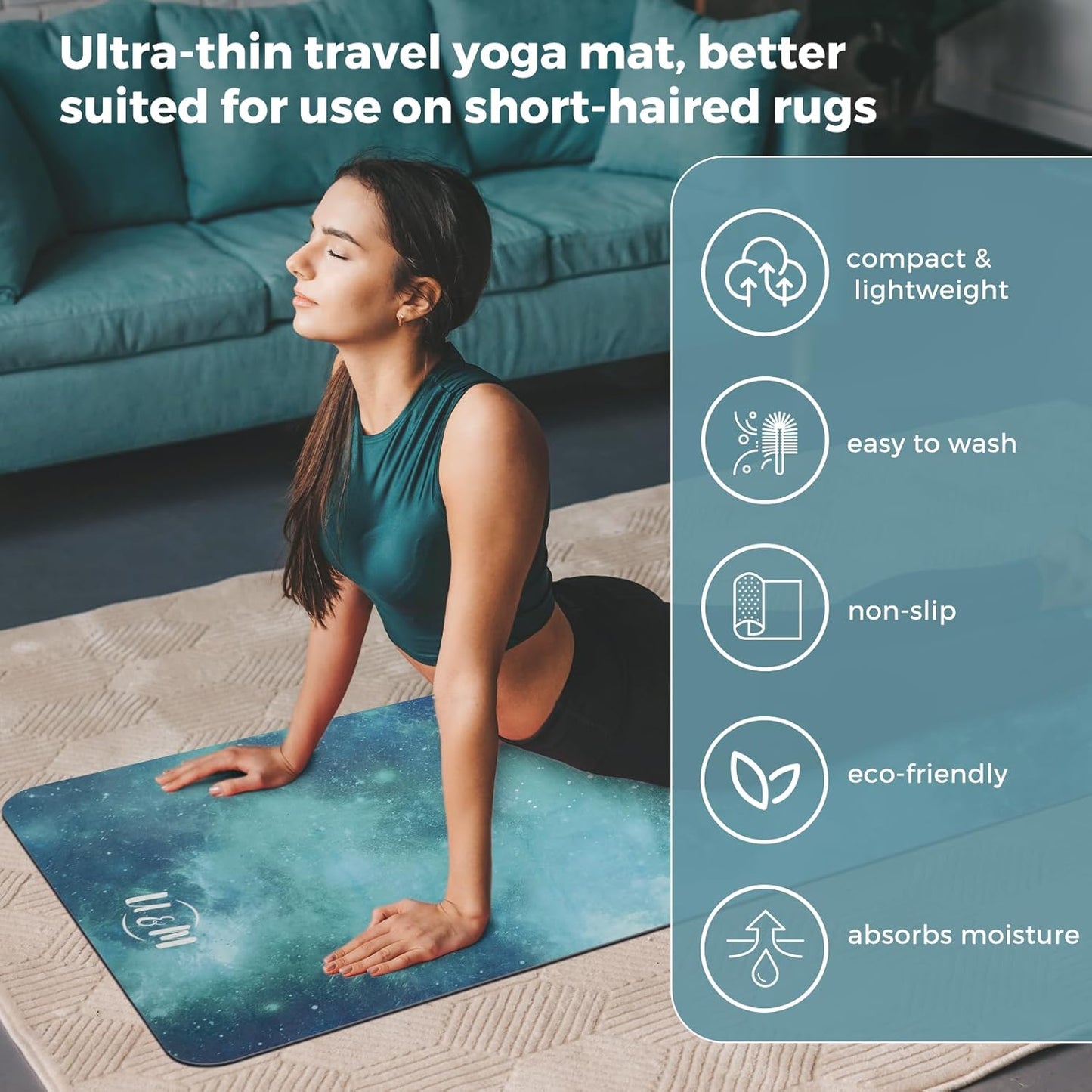 U&M 72'' x 27'' Travel Yoga Mat 1.5mm Thick - Foldable Non-Slip Natural Rubber Base & Suede Mat, Sweat-resistant Antibacterial Light Yoga Mat Material Cover for Women Men, Suitable for Beach Pilates Fitness