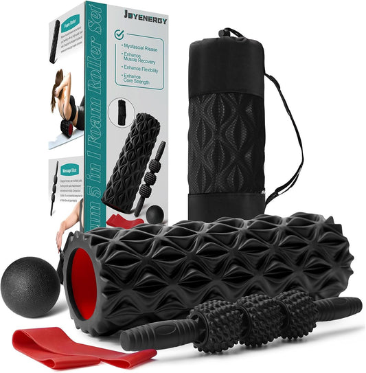 JOYENERGY 5 in 1 Foam Roller Set High Density Foam Roller Patented, Massage Stick, Massage Ball, Resistance Band for Deep Muscle Massage Pilates Yoga, Fitness for Trigger Point Release