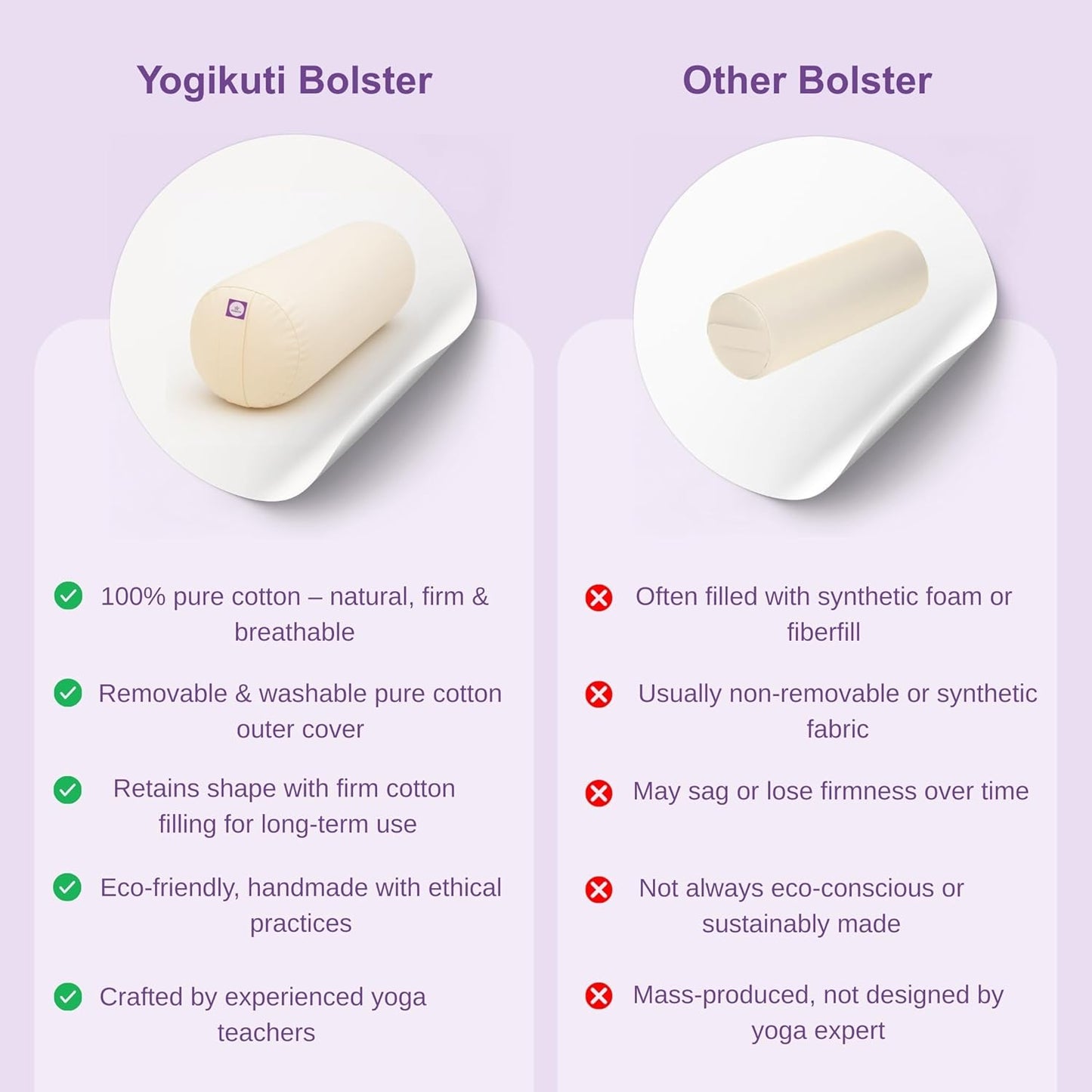 Yogikuti Iyengar Yoga Bolster Pillow – 100% Cotton Cylindrical Bolster for Restorative Yoga & Meditation – Firm & Durable Support Cushion with Washable Cover for Alignment & Comfort (White)