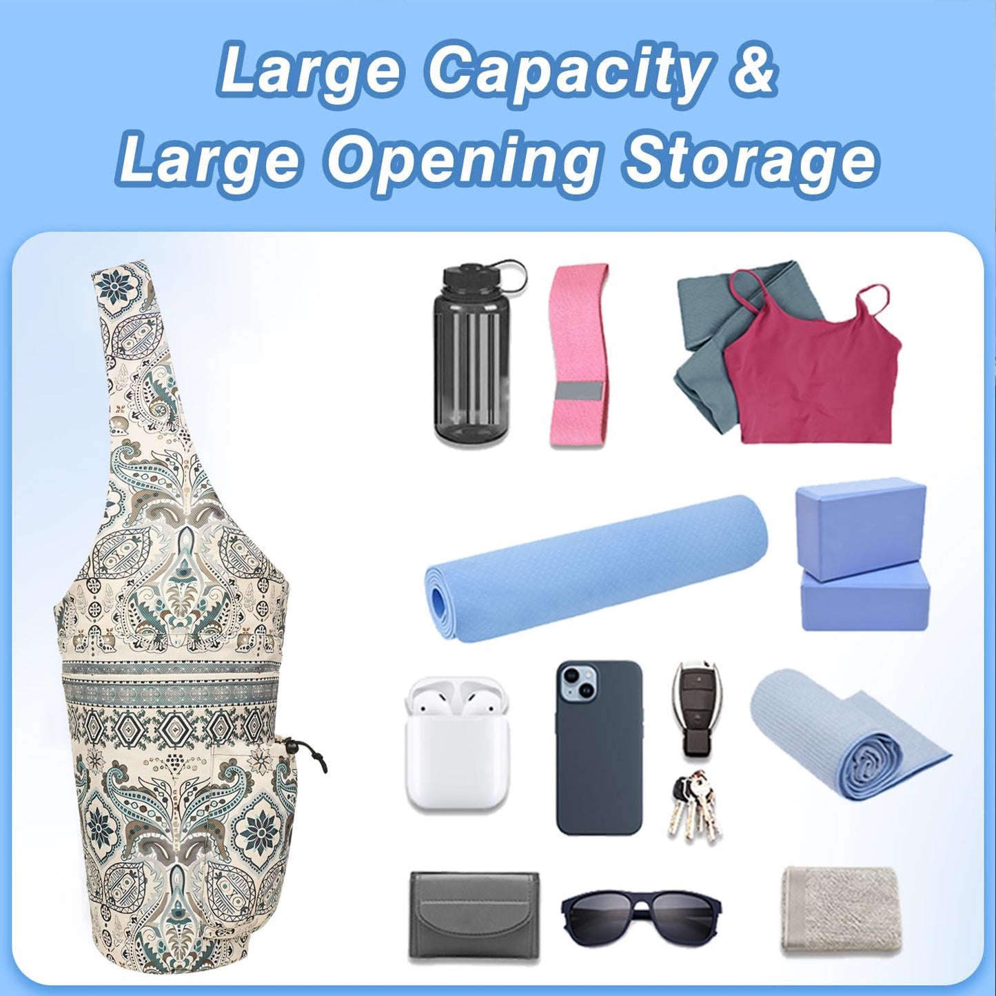 Yoga Mat Bag - Large Opening Long Tote Yoga Mat Carrier Holder Bag with Waterproof Wet Zipper Pocket and Drawstring Water Bottle Pocket - Yoga Bag Fit Most Size Mats