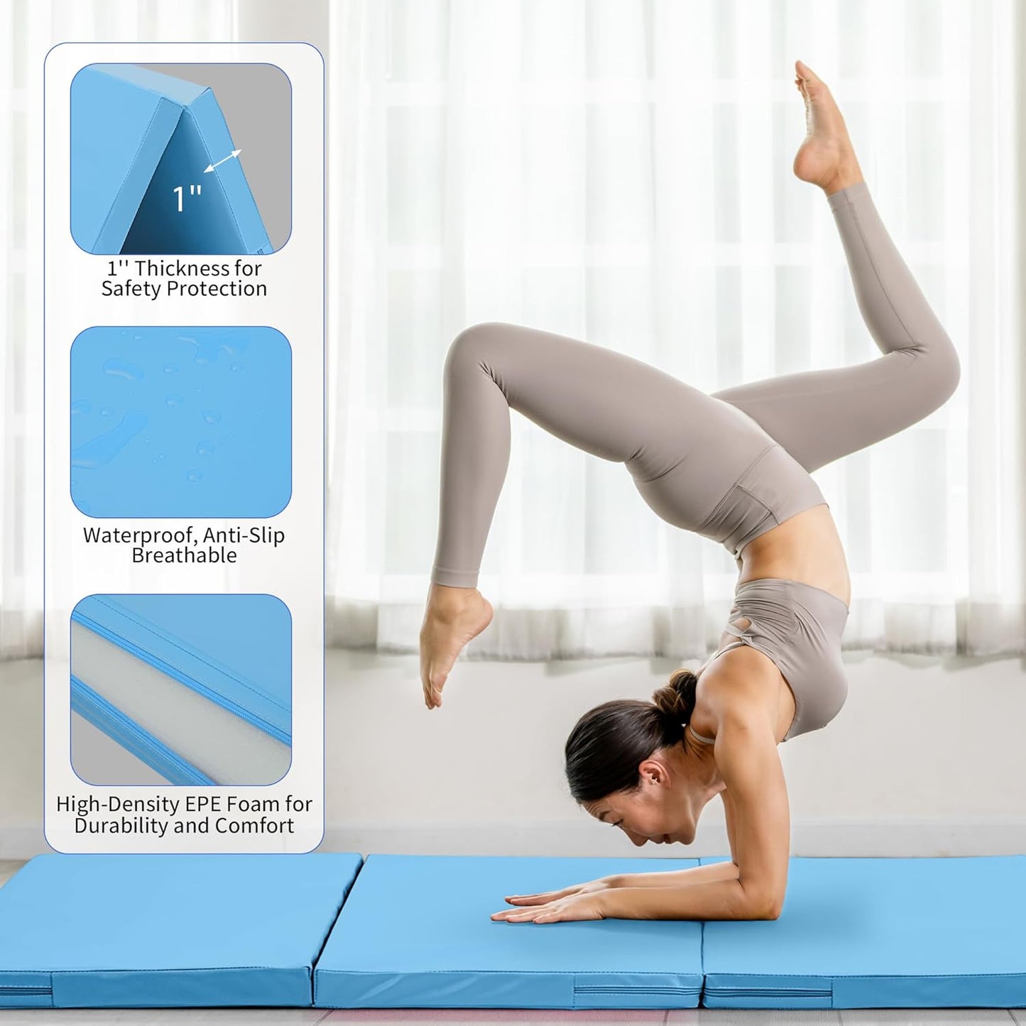 Outdoor Basic 6'x3'x2'' Gymnastics Mats Portable 4-Fold Tumbling Mat Thick Yoga Mat with PU Leather & Carry Handle for Home Workout, Yoga, MMA Core Training, Pilates