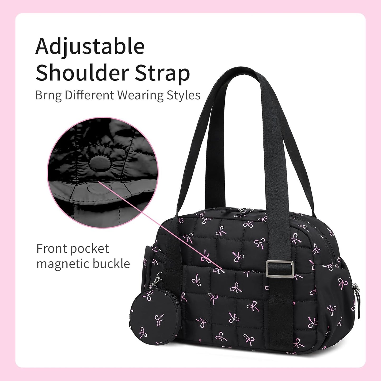 CAMTOP Mini Gym Bag for Women, Small Gym Tote Bag Puffy Quilted Sports Duffel Bag with Wet Compartment and Coin Purse Duffel Bags Dance Yoga Workout Bag for Gifts (All Black, Mini-12.6")