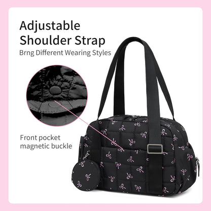 CAMTOP Mini Gym Bag for Women, Small Gym Tote Bag Puffy Quilted Sports Duffel Bag with Wet Compartment and Coin Purse Duffel Bags Dance Yoga Workout Bag for Gifts (All Black, Mini-12.6")