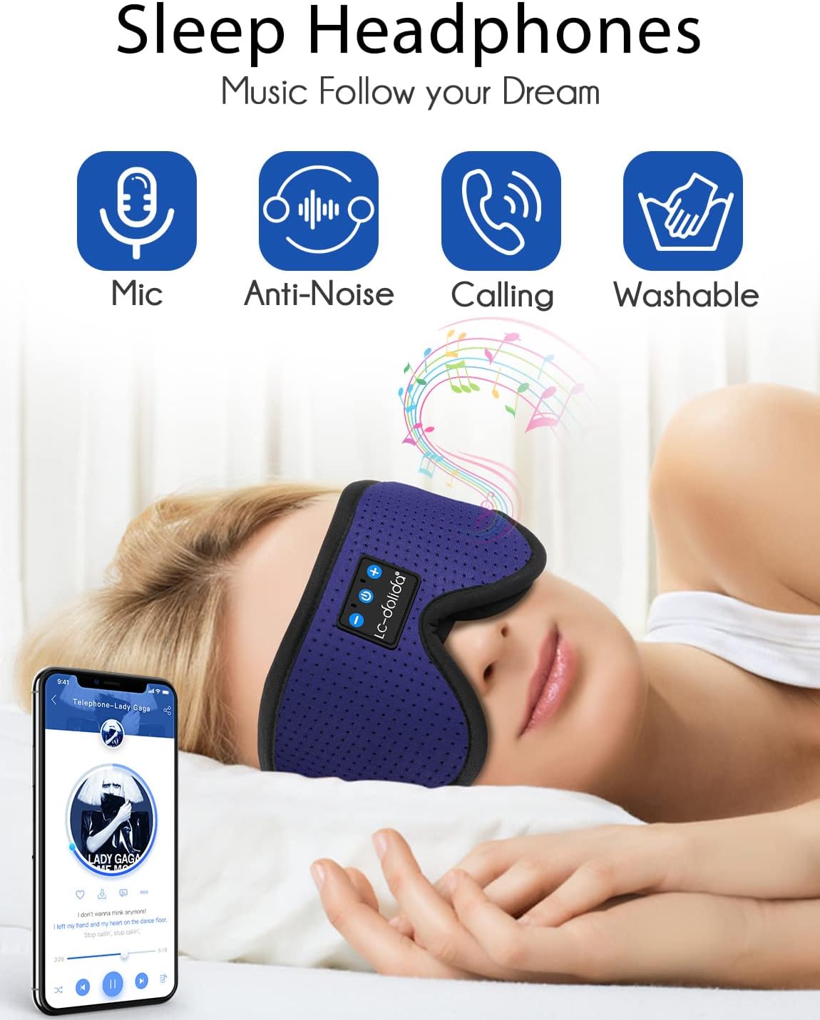 LC-dolida Sleep Headphones, 3D Sleep Mask Bluetooth Wireless Music Eye Mask, Sleeping Headphones for Side Sleepers Sleep Mask with Bluetooth Headphones Ultra-Thin Stereo Speakers Perfect for Sleeping