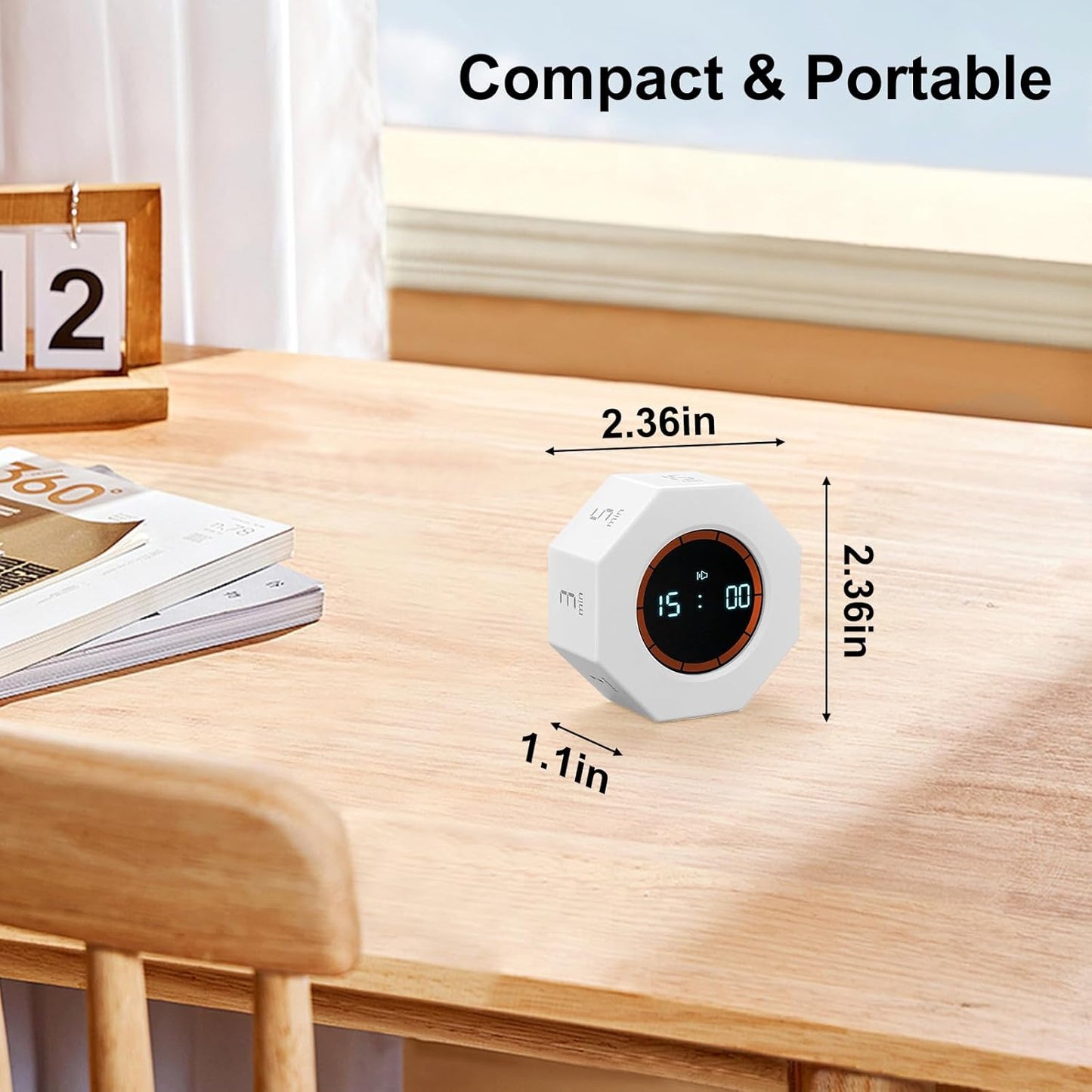 Small Rechargeable Pomodoro Timer, Gravity Sensor Auto-Rotating 7 Preset Times (1/3/5/15/30/60/90 min) & Count Up Mode, Digital Kitchen Timers for Cooking, Work and Study (Pearl White)