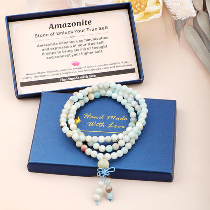 AD Beads 6mm 8mm 108 Prayer Mala Jasper Elastic Bracelet - Handmade Yoga Meditation Healing Power Energy Gifts for Unisex Adult.