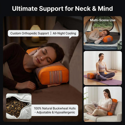 Adjustable Buckwheat Hull Pillow for Neck Pain Relief (21x8x4in) Natural Cooling Cervical Support Organic Pillow for Side & Back Sleepers with Night Sweats (Grey)