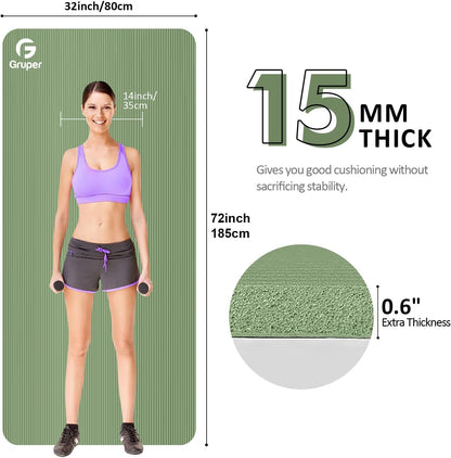 Gruper Yoga Mat Non Slip NBR Extra Thick Yoga Mat, 72"L x 32"/24"W x 0.6"/0.4"TH (185cm x 80cm/61cm x 15mm/10mm), Anti-Tear Exercise Mat with Carrying Strap and Bag, Workout Mats for Yoga, Pilates
