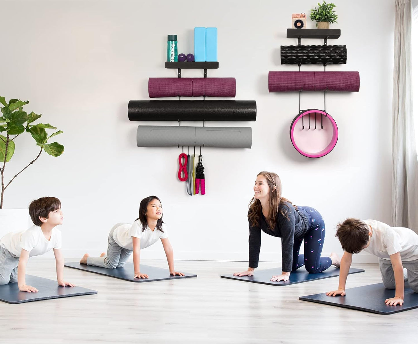 Bikoney Yoga Mat Holder Wall Mount Yoga Mat Storage Home Gym Accessories with Wood Floating Shelves and 4 Hooks for Hanging Foam Roller and Resistance Bands Fitness Home Gym Carbonized Black