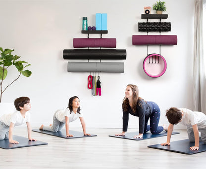 Bikoney Yoga Mat Holder Wall Mount Yoga Mat Storage Home Gym Accessories with Wood Floating Shelves and 4 Hooks for Hanging Foam Roller and Resistance Bands Fitness Home Gym Carbonized Black