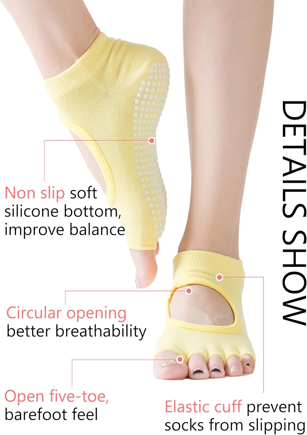 1/2 Pairs Pilates Socks with Grips for Women Non Slip Yoga Barre Grippy Gripper Socks Woman Toe Socks Size 5.5-8.5