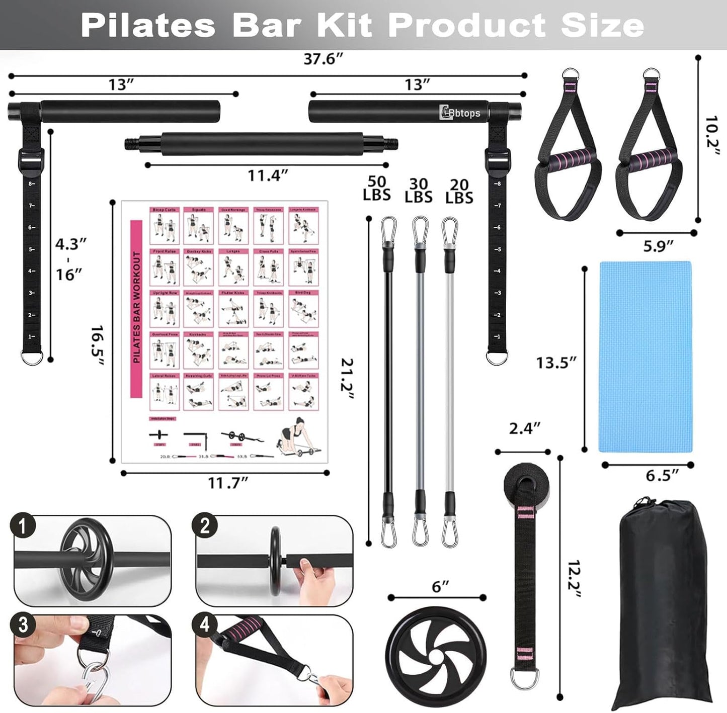 BBTOPS Pilates Bar Kit with Resistance Bands,Ab Roller,2 in 1 Foot Strap & Handle,Door Anchor Pilates Equipment with Resistance Bands, Portable Home Gym Yoga Fitness Bar for Women & Men