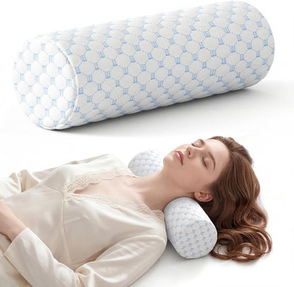 Neck Roll Pillow, Memory Foam Neck Support Pillows, Round Neck Pillows, Cylinder Bolster Pillows for Bed, Couch, and Yoga, Removable Washable Cover,18 * 4.1 * 4.1inch (Cool-Blue)