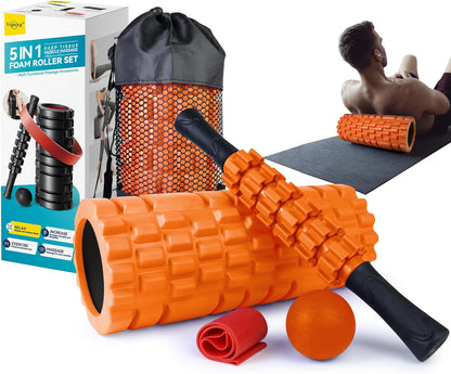 Krightlink 5-in-1 Foam Roller Set - Deep Tissue Muscle Recovery Kit with High Density Exercise Roller, Massage Ball, Resistance Band & Carry Bag for Physical Therapy & Pain Relief (Black)