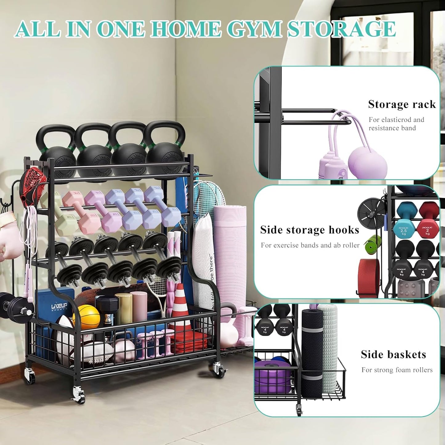 Dumbbell Rack, Weight Rack for Kettlebells, Storage Holder for Yoga and Workout Equipment, Home Gym Storage Rack with Wheels,Hooks and Mesh Top