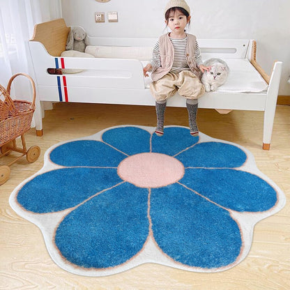 White Flower Shaped Rug, Cute Round Indoor Rug, 39.4" Diameter, High Pile Faux Wool, Non-Slip Backing