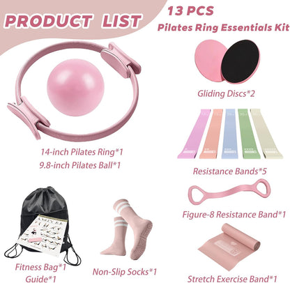 Pilates Ring Essentials Kit for Women, Soft Macaron Creams - Yoga Exercise Equipment Set for Home Workouts with Magic Circle, Mini Ball & Accessories - Fitness Ring Set for Beginners (Pink)