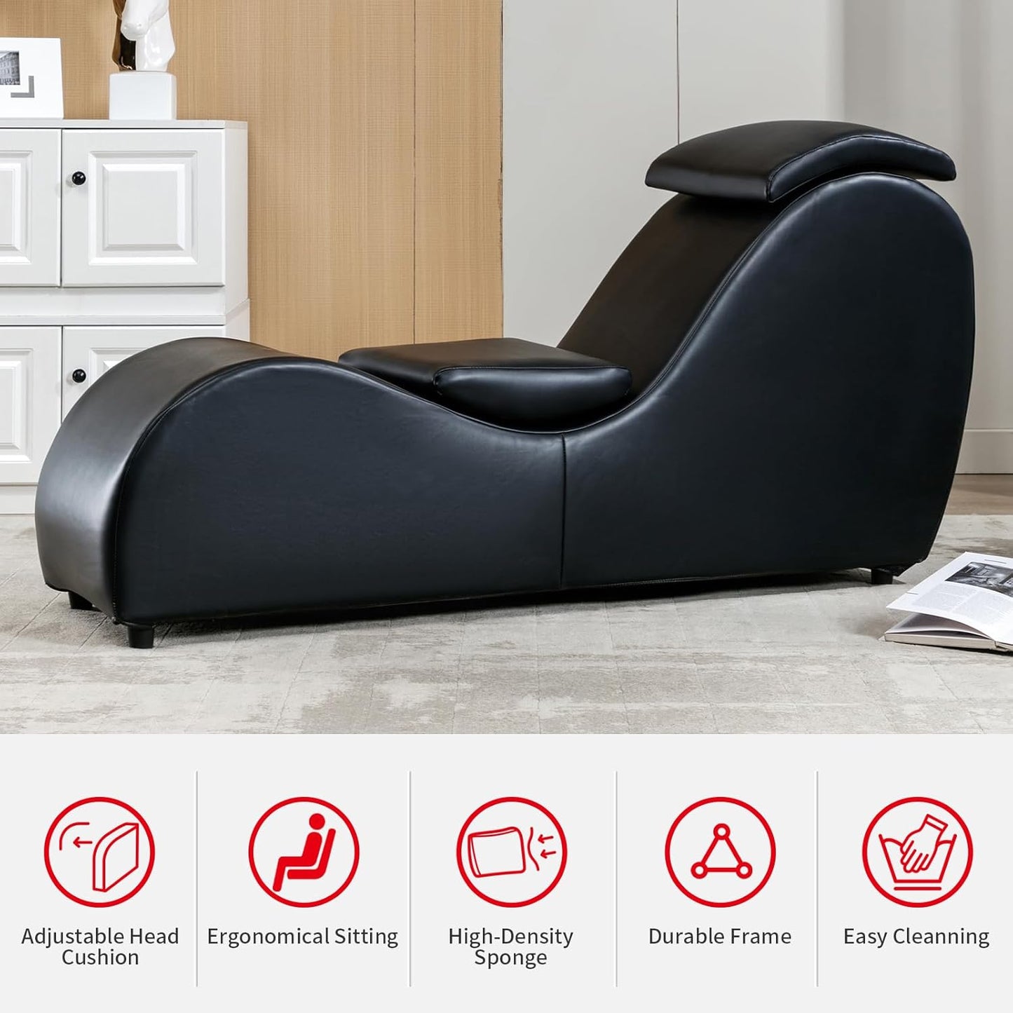 PUREMIND Yoga Chair, Curved Yoga Chaise Lounge for Adult Stretching, Exercising and Relaxing, Indoor Lounge Chair with Adjustable Head Cushion for Living Room Apartment and Bedroom - Black